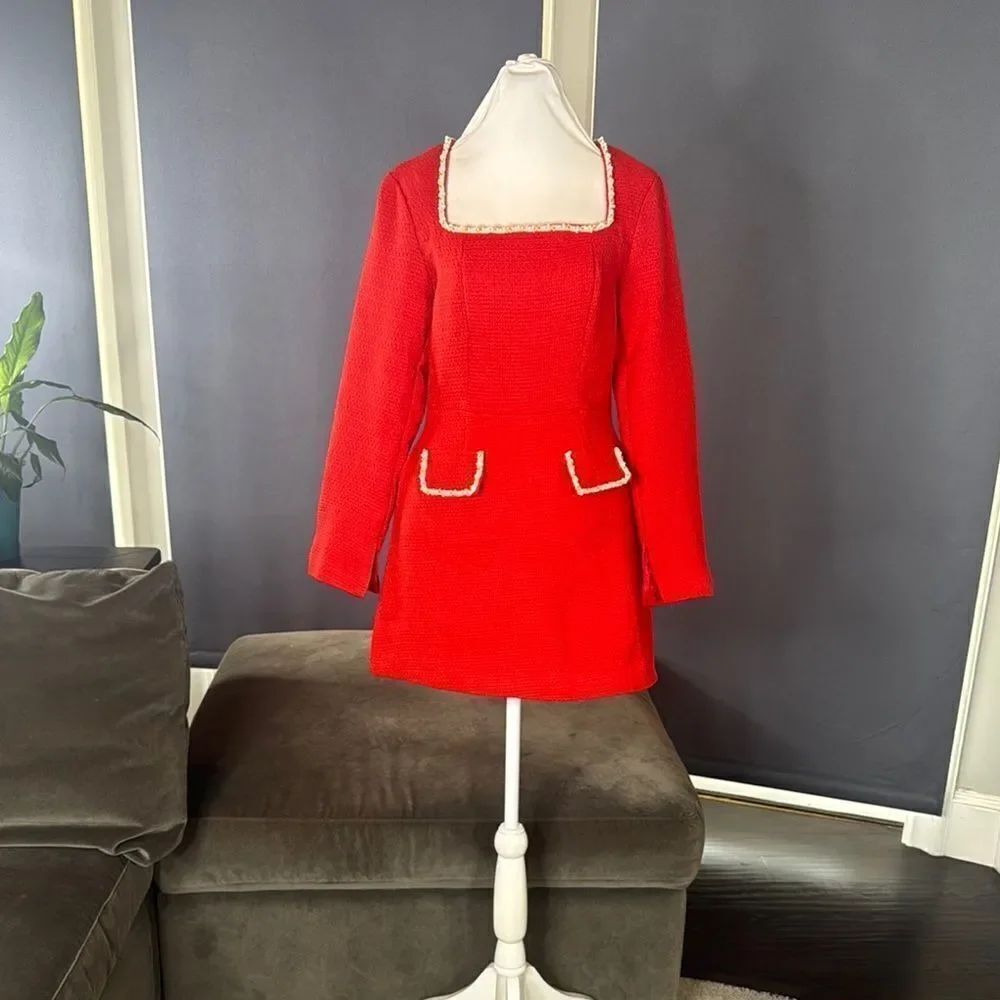 Women’s Short Red Dress Square Neck Faux Pearl-Like Trim **Size M fits like a S